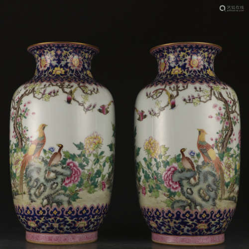 A pair of enamel 'floral and birds' vase