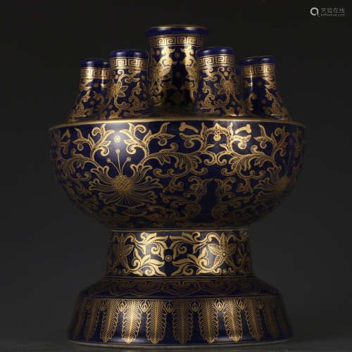 A blue glazed 'lotus' vase painting in gold