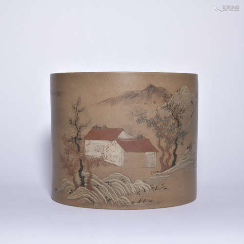 A Zisha 'landscape' pen container