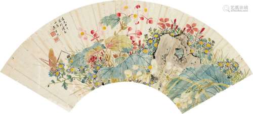 吴荣光 甲午（1834年）作 秋卉虫戏 扇面 纸本