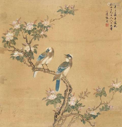 张槃 辛巳（1881年）作 桃花双禽 立轴 纸本