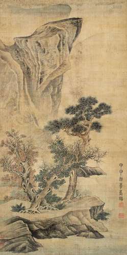 李嘉福 甲申（1884年）作 松岩独坐 立轴 绢本