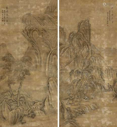马文璧（款) 辛丑（1361年）作 秋山高士对屏 对屏 绢本