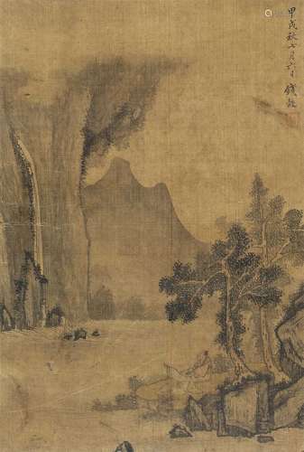 钱谷 甲戌（1574年）作 观瀑图 立轴 绢本