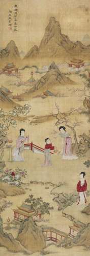 王冈 庚申（1740年）作 仕女赏春 立轴 绢本
