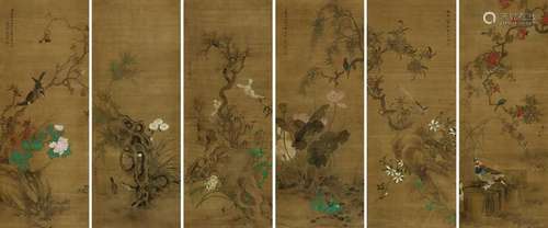 刘九德 辛酉（1681年）作 写生花鸟六屏 六条屏 绢本