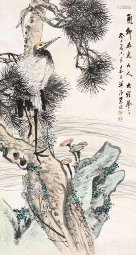 朱偁 癸巳（1893年）作 松鹤仙石 立轴 纸本