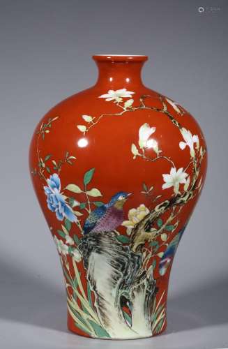 Red-glazed enamel plum vase with flower and bird patterns