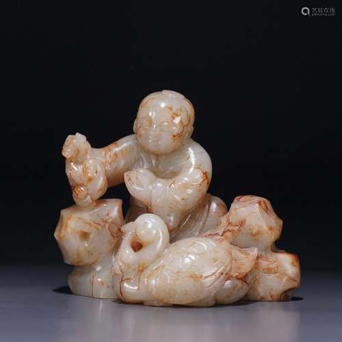 Hetian Jade Boy Playing Goose Ornament