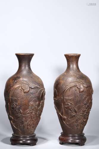 Pair of Agarwood Embossed Flower-and-Bird Plum Vases