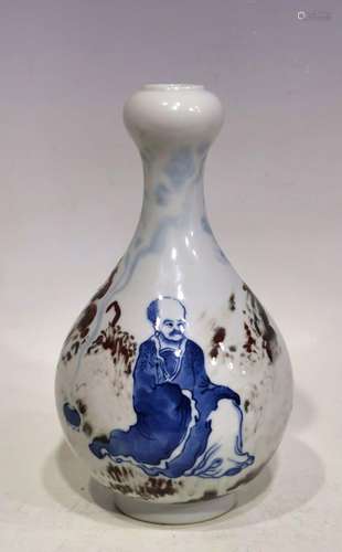 Wangbu blue and white underglaze red figure garlic bottle