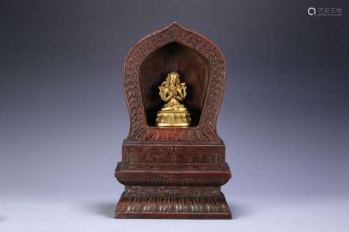 Agarwood altar with gilt bronze statue of Tara
