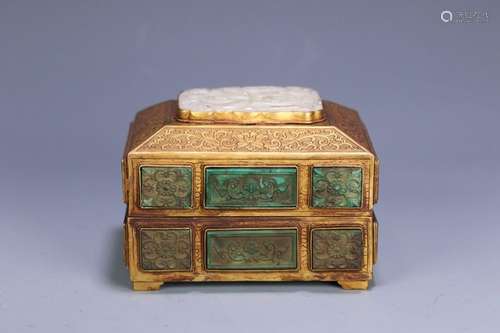 Gilt Bronze Inlaid Hetian Jade and Turquoise Lid Box