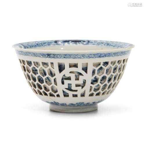 Blue and White Reticulated Double-walled Bowl