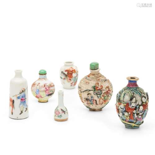 Six Famille Rose Snuff Bottles, Miniature Vases, and Bottles
