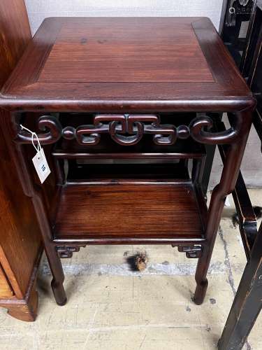A Chinese carved hongmu two tier table, width 45cm, depth 45...