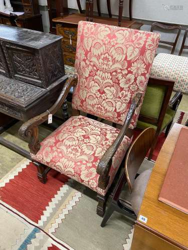 A Louis XVI style oak upholstered open armchair, width 63cm,...