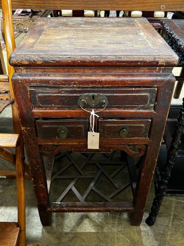 A Chinese lacquered wood three drawer side table, width 43cm...