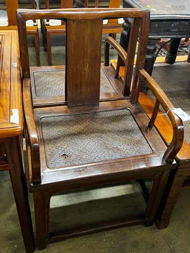 A pair of Chinese caned hardwood elbow chairs, width 55cm, d...