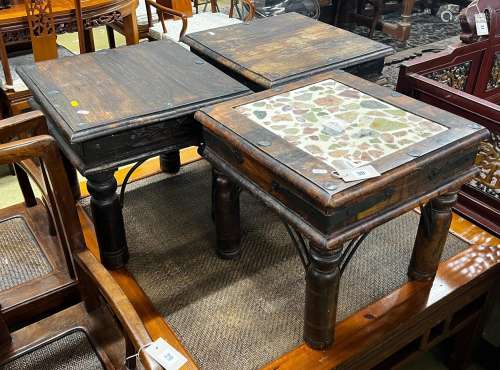 An Indian tile top hardwood table and two similar small tabl...