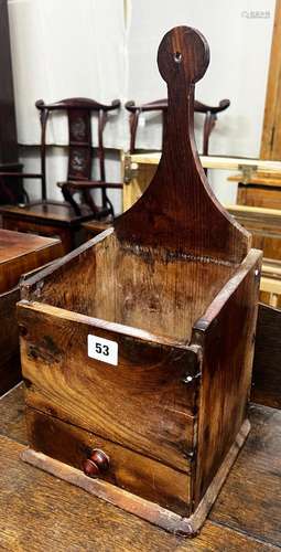 A 19th century yew wood hanging salt box, width 19cm, depth ...