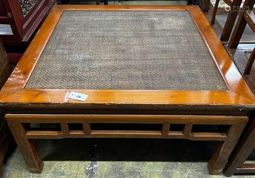 A Chinese square caned pine low table, width 97cm, height 51...