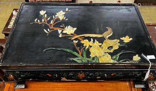 A rectangular Chinese lacquer hardstone mounted low table, l...