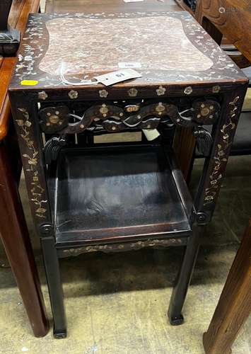 A Chinese mother of pearl inlaid square marble top hongmu tw...