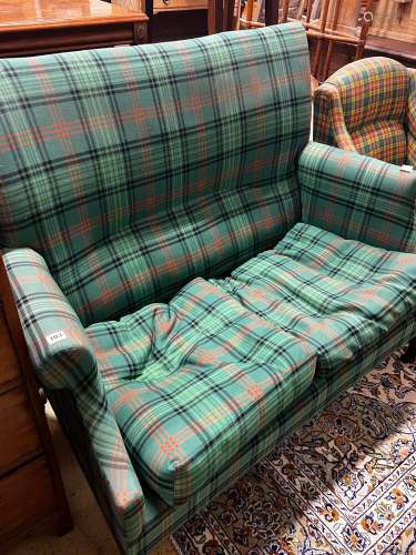 An Edwardian tartan fabric upholstered two seater settee, le...