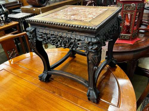 A Chinese marble top square carved hongmu vase stand, width ...