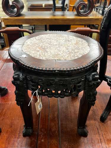 A Chinese circular marble top hongmu vase stand, diameter 36...