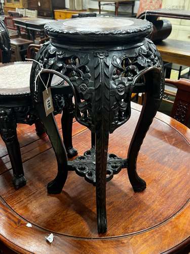 A Chinese circular marble top hongmu vase stand, width 34cm,...