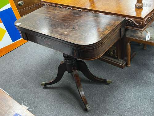 A Regency inlaid rosewood D shaped folding card table, width...