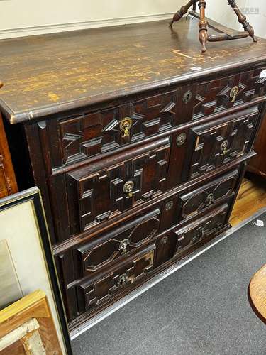 A 17th century oak chest of drawers, length 111cm, depth 58c...