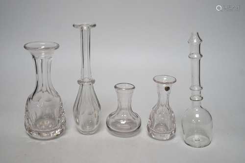 Three 19th century glass measures and two toddy lifts (5), t...