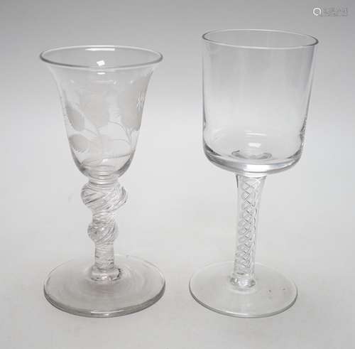 Two airtwist stem glasses, one in Jacobite style (2), talles...