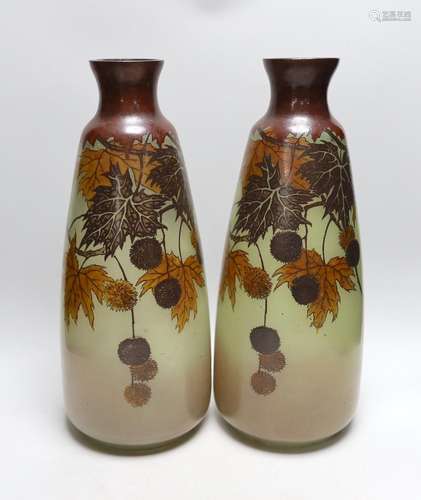 A large pair of French glass enamelled vases with autumnal d...