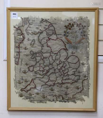 A framed early 19th century map sampler of England and parts...