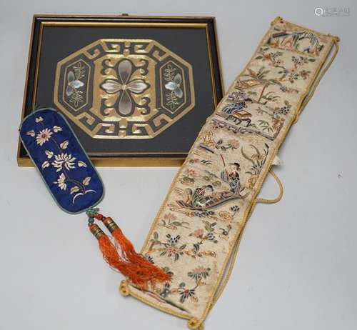 A pair of Chinese 19th century figurative sleeve bands, embr...