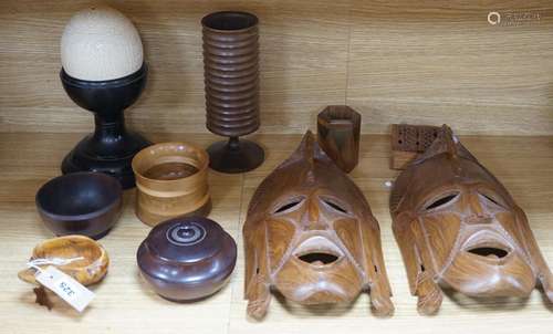 A quantity of African and other carvings including an ostric...