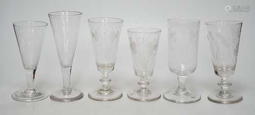 Six Georgian ale glasses, four with wheel engraved bowls. Ta...