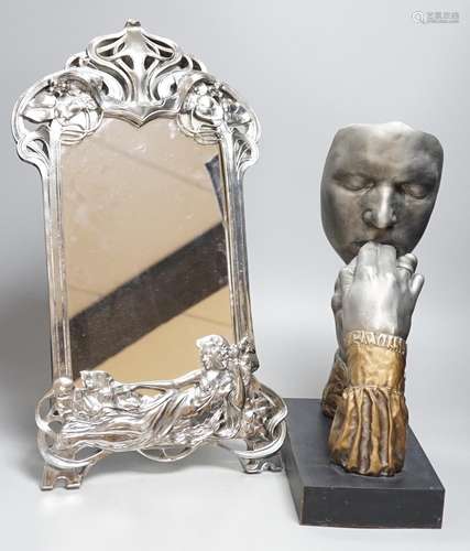 An Art Nouveau style easel mirror and a contemporary sculptu...