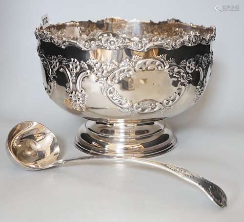 A Sheffield plated punch bowl and a plated soup ladle, bowl ...