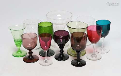 A group of 19th century coloured drinking glasses, and three...