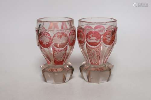 A pair of late 19th century Bohemian wheel engraved ruby sta...