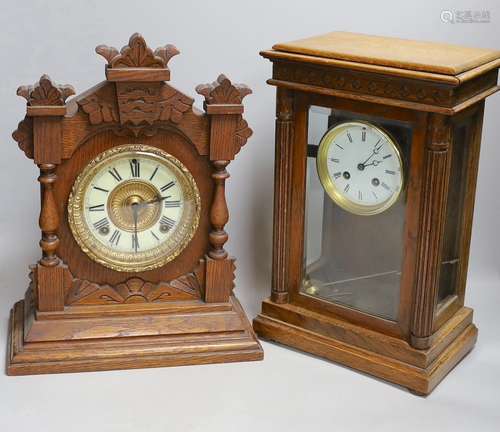 An Edwardian mantel clock and an American clock, tallest 38c...