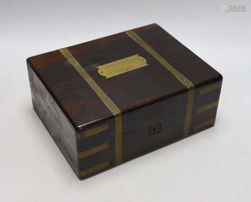 A Victorian rosewood brass bound toilet box, with contents, ...