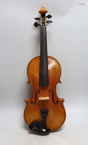 A cased violin, sound post loose