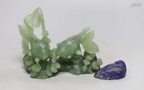 A Chinese bowenite jade goldfish group, 17cm wide, and a lap...