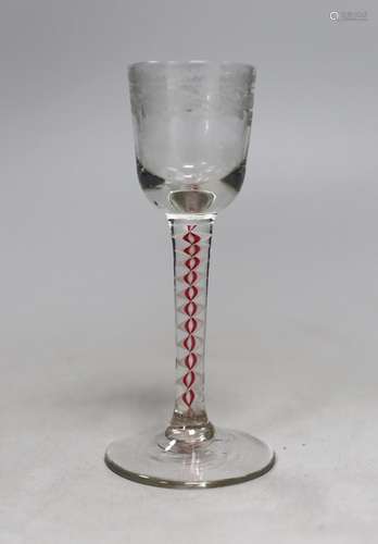 A Dutch red and white colour twist stem cordial glass, 13cms...